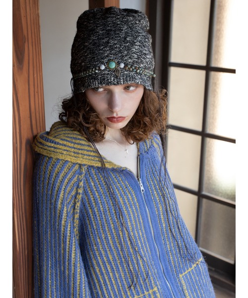 ビーズアクセ付きミックスカラーニットキャップ（ニットキャップ