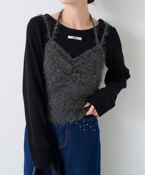 Kastane(カスタネ)の「【新色追加/5色展開】ニットタグロンTEE(Tシャツ/カットソー・レディース・サックスブルー/アイボリー/ブラック/ブラウン/イエロー/グレー/ピンク/グレー系その他・FREE)」の2枚目の写真