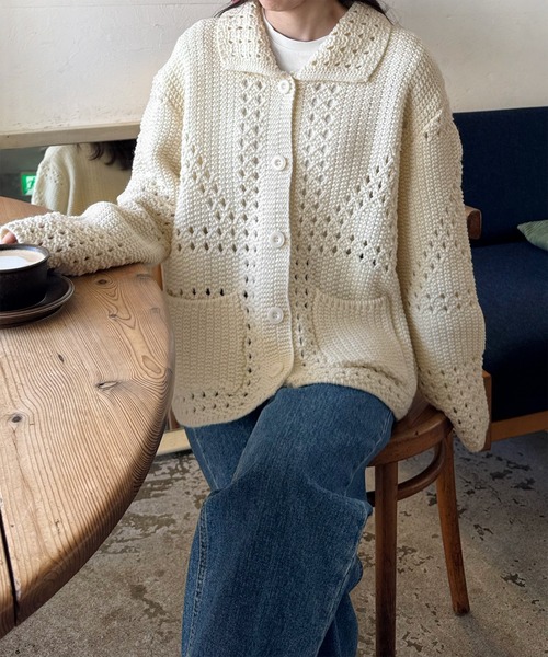 LE MORE(リモア)の「パターンデザインルーズニットカーディガン(カーディガン/ボレロ・レディース・アイボリー・FREE)」の1枚目の写真