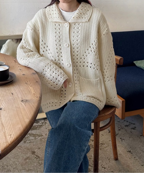 LE MORE(リモア)の「パターンデザインルーズニットカーディガン(カーディガン/ボレロ・レディース・アイボリー・FREE)」の3枚目の写真