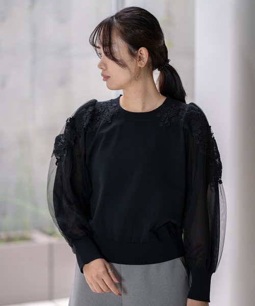 STRAWBERRY-FIELDS（ストロベリーフィールズ）の「ポーツポリー_レース*チュールスリーブニット（ニット/セーター・レディース・ブラック/ベージュ・2）」の2枚目の写真