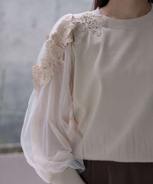 STRAWBERRY-FIELDS（ストロベリーフィールズ）の「ポーツポリー_レース*チュールスリーブニット（ニット/セーター・レディース・ブラック/ベージュ・2）」の4枚目の写真