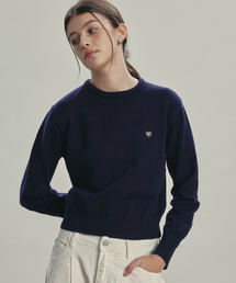 (W) ベーシックエッセンシャルウォッシャブルラウンドニットNAVY
