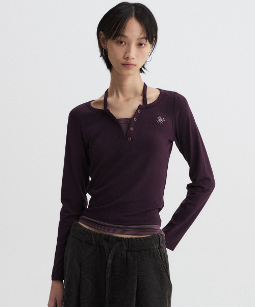 DNSR WOMEN(ディーエヌエスアールウーマン)の「レイヤードヘンリーネックロングスリーブバーガンディ(Tシャツ/カットソー・レディース・その他・OS)」の1枚目の写真