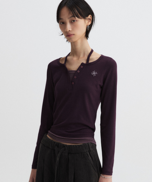 DNSR WOMEN(ディーエヌエスアールウーマン)の「レイヤードヘンリーネックロングスリーブバーガンディ(Tシャツ/カットソー・レディース・その他・OS)」の2枚目の写真