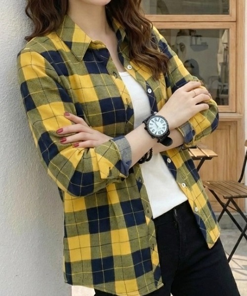 cammie(キャミー)の「チェックシャツ(シャツ/ブラウス・レディース・イエロー/グリーン/ブラック・L/XL)」の3枚目の写真