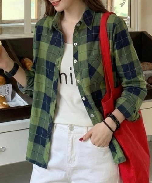 cammie(キャミー)の「チェックシャツ(シャツ/ブラウス・レディース・イエロー/グリーン/ブラック・L/XL)」の2枚目の写真