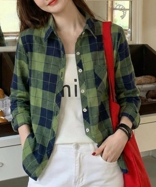 cammie(キャミー)の「チェックシャツ(シャツ/ブラウス・レディース・イエロー/グリーン/ブラック・L/XL)」の9枚目の写真
