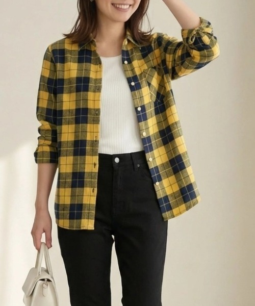 cammie(キャミー)の「チェックシャツ(シャツ/ブラウス・レディース・イエロー/グリーン/ブラック・L/XL)」の15枚目の写真