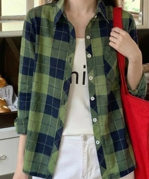 cammie(キャミー)の「チェックシャツ(シャツ/ブラウス・レディース・イエロー/グリーン/ブラック・L/XL)」の8枚目の写真