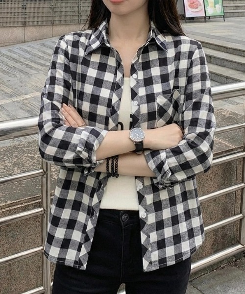 cammie(キャミー)の「チェックシャツ(シャツ/ブラウス・レディース・イエロー/グリーン/ブラック・L/XL)」の6枚目の写真