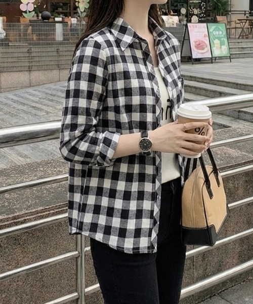 cammie(キャミー)の「チェックシャツ(シャツ/ブラウス・レディース・イエロー/グリーン/ブラック・L/XL)」の5枚目の写真