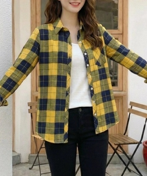 cammie(キャミー)の「チェックシャツ(シャツ/ブラウス・レディース・イエロー/グリーン/ブラック・L/XL)」の13枚目の写真