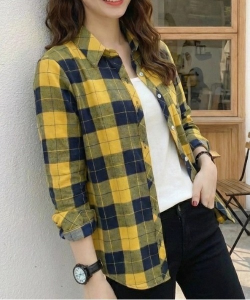 cammie(キャミー)の「チェックシャツ(シャツ/ブラウス・レディース・イエロー/グリーン/ブラック・L/XL)」の12枚目の写真
