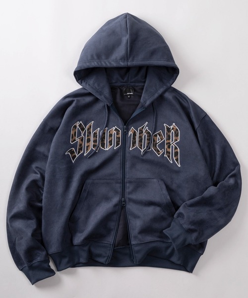 85】フェイクスウェード ヒョウ柄ロゴ ジップパーカー/ダブルジップ