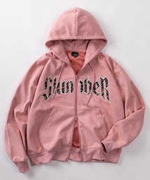 SlashDate（スラッシュデイト）の「【85】フェイクスウェード ヒョウ柄ロゴ ジップパーカー/ダブルジップ/ストレッチ/メンズ/レディース/ユニセックス（パーカー）」