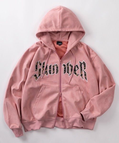 85】フェイクスウェード ヒョウ柄ロゴ ジップパーカー/ダブルジップ