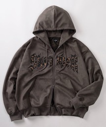 SlashDate（スラッシュデイト）の「【85】フェイクスウェード ヒョウ柄ロゴ ジップパーカー/ダブルジップ/ストレッチ/メンズ/レディース/ユニセックス（パーカー）」