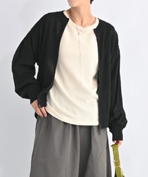 aunt lily | リネン混 タック編み 布帛コンビブルゾン 羽織 ダブルファスナー 異素材 涼感 リネン サテン ドレープ(ブルゾン)