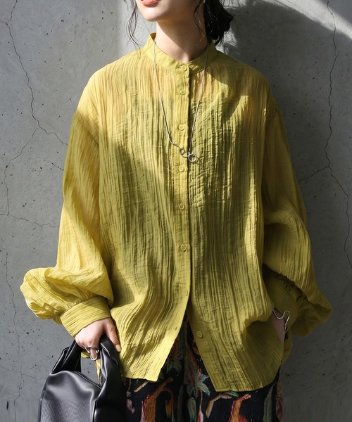 antiqua(アンティカ)の「シアー バンドカラー シャツ(シャツ/ブラウス・レディース・ライム/ホワイト/ブラック/パープル・ONESIZE)」の1枚目の写真