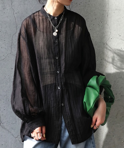 antiqua(アンティカ)の「シアー バンドカラー シャツ(シャツ/ブラウス・レディース・ライム/ホワイト/ブラック/パープル・ONESIZE)」の3枚目の写真