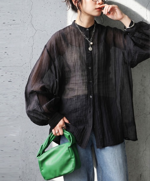 antiqua(アンティカ)の「シアー バンドカラー シャツ(シャツ/ブラウス・レディース・ライム/ホワイト/ブラック/パープル・ONESIZE)」の8枚目の写真