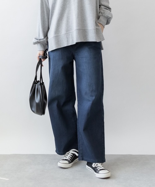 M-4L ウエストリブ デニムワイドパンツ（デニムパンツ）｜aity
