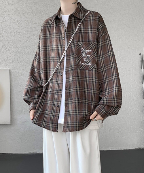 FVLMEN(フルメン)の「【FVLMEN】ロゴ 刺繍 ロングスリーブ チェック シャツ(シャツ/ブラウス・メンズ・レッド/ブラウン/ブラック・X-LARGE/LARGE/MEDIUM)」の2枚目の写真