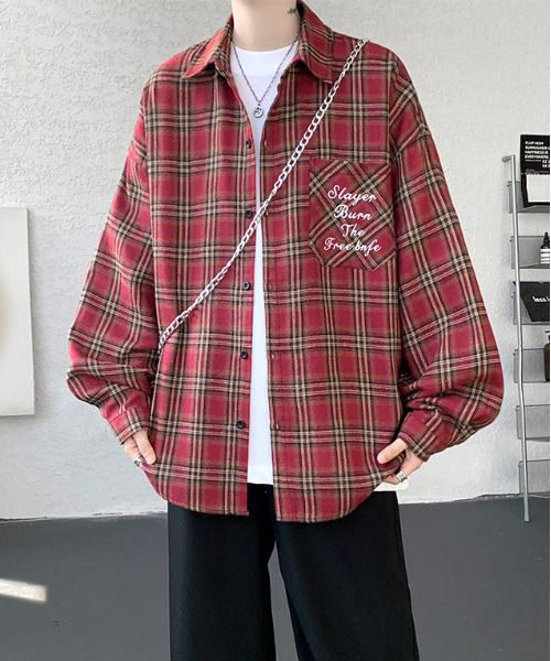 FVLMEN(フルメン)の「【FVLMEN】ロゴ 刺繍 ロングスリーブ チェック シャツ(シャツ/ブラウス・メンズ・レッド/ブラウン/ブラック・X-LARGE/LARGE/MEDIUM)」の3枚目の写真
