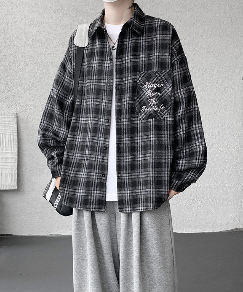 FVLMEN логотип刺繍 Long Sleeve Sweat Check T‑shirt — длинный свитшот с печатью/строчкой