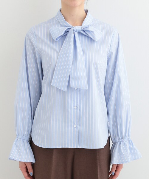 SHOO・LA・RUE(シューラルー)の「【洗濯後シワになりにくい/UV/S-LL】大人っぽく着られる キャンディースリーブ リボンブラウス(シャツ/ブラウス・レディース・ブルー系7/ライトブルー/オフホワイト・04/03/02/01)」の16枚目の写真