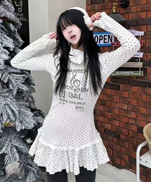 【26春新作】ドット柄長袖インナーTシャツ / ハイネック風 レース付きトップス