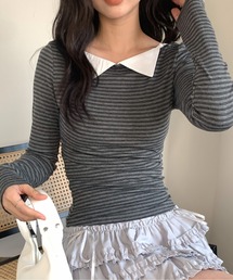 シャツカラー付き シンプルボーダーカットソー 冬服
