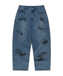 GRAFFITI PRINT DENIM PANTS - BLUE