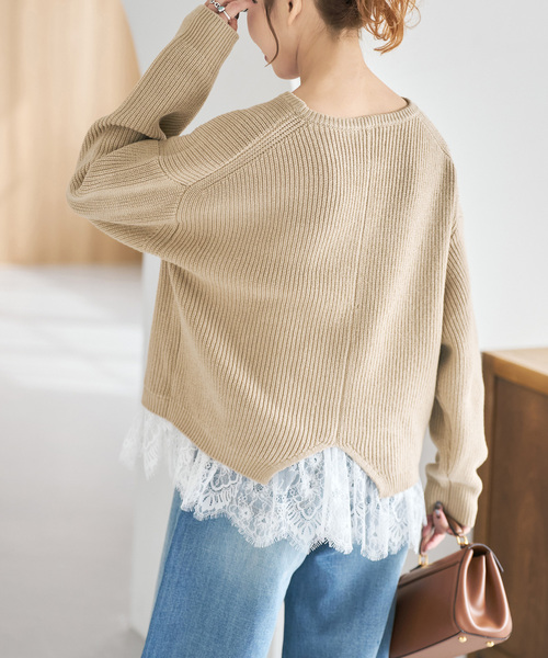Spick & Span(スピックアンドスパン)の「《追加3》レースドッキング畦ニットプルオーバー(ニット/セーター・レディース・チャコールグレー/ベージュ・FREE)」の2枚目の写真