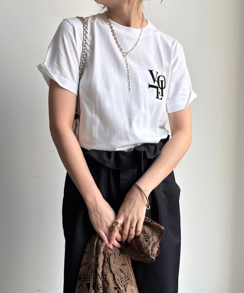 DouDou（ドゥドゥ）の「voileワンポイントフロッキーロゴTEE（Tシャツ/カットソー・レディース・ブラウン/ホワイト/チャコールグレー/グレー・FREE）」の10枚目の写真