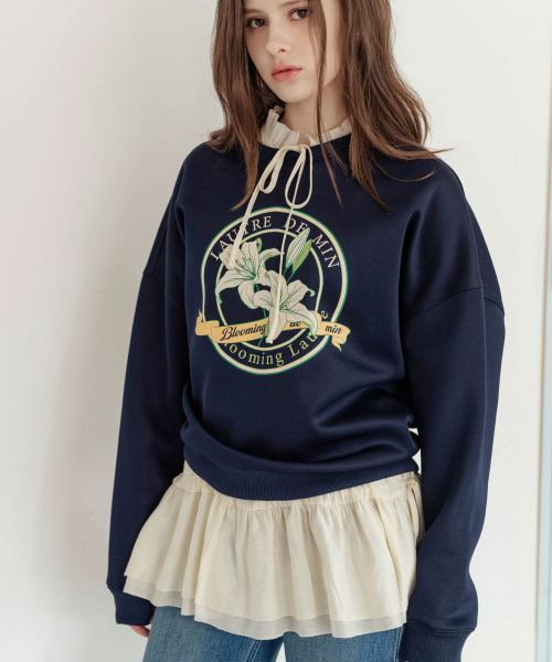 LAUTREDE MIN(ロートルドミン)の「Lautre Lily Navy Sweatshirts(スウェット・レディース・ライトグレー/ネイビー・FREE)」の3枚目の写真