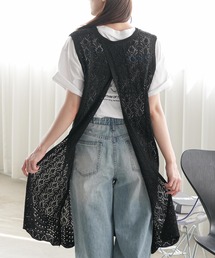 バックスリットノースリ透かし編みニットベスト