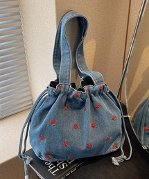 [韓国トレンド] チェリー刺繍デニム巾着バッグ