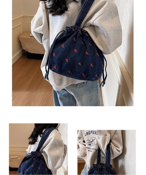 I.O.E（アイオイ）の「[韓国トレンド] チェリー刺繍デニム巾着バッグ（ショルダーバッグ・レディース・ライトブルー/ブラック/ダークブルー・FREE）」の17枚目の写真