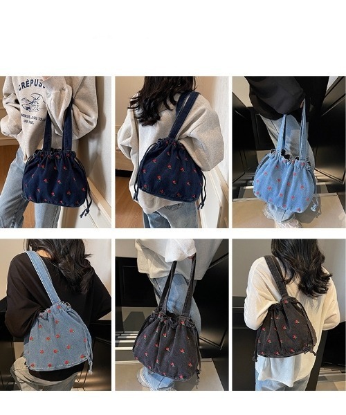 I.O.E（アイオイ）の「[韓国トレンド] チェリー刺繍デニム巾着バッグ（ショルダーバッグ・レディース・ライトブルー/ブラック/ダークブルー・FREE）」の18枚目の写真