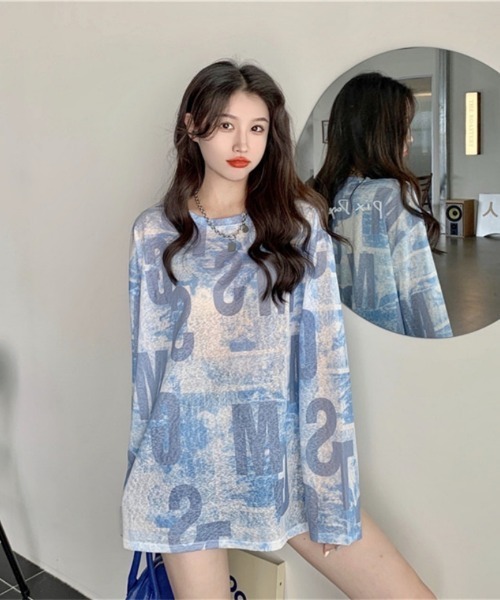 Ritzy(リッツィー)の「Y2K シアーロゴプリントルーズトップス(Tシャツ/カットソー・レディース・イエロー/ブルー・FREE)」の14枚目の写真