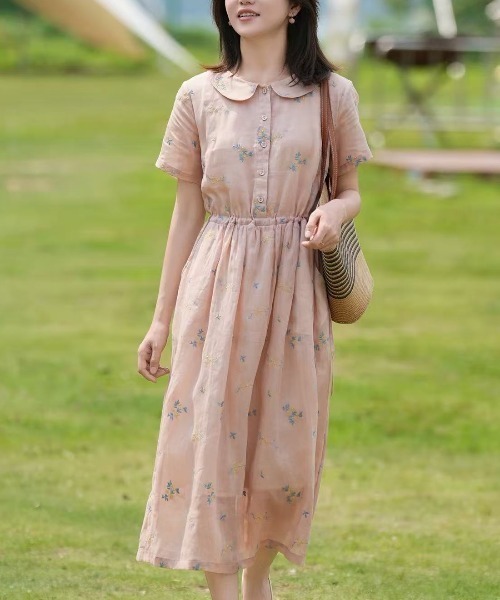 LUCPY（ラクピー）の「フラワー刺繍ラウンドカラーワンピース（ワンピース・レディース・ピンク・XX-LARGE/X-LARGE/LARGE/MEDIUM）」の2枚目の写真