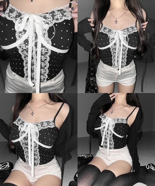 me+em select（ミームセレクト）の「【 ２color 】レースドッキングドットリボンキャミソール ／ lace dockimg dot ribbon camisole（キャミソール・レディース・ホワイト/ブラック・FREE）」の9枚目の写真