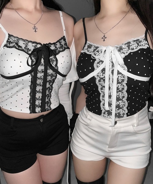 me+em select（ミームセレクト）の「【 ２color 】レースドッキングドットリボンキャミソール ／ lace dockimg dot ribbon camisole（キャミソール・レディース・ホワイト/ブラック・FREE）」の10枚目の写真