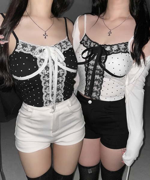 me+em select（ミームセレクト）の「【 ２color 】レースドッキングドットリボンキャミソール ／ lace dockimg dot ribbon camisole（キャミソール・レディース・ホワイト/ブラック・FREE）」の13枚目の写真