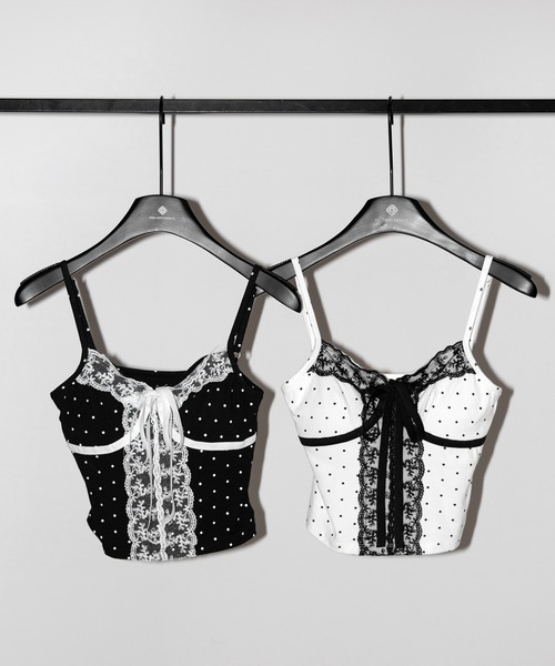 me+em select（ミームセレクト）の「【 ２color 】レースドッキングドットリボンキャミソール ／ lace dockimg dot ribbon camisole（キャミソール・レディース・ホワイト/ブラック・FREE）」の4枚目の写真