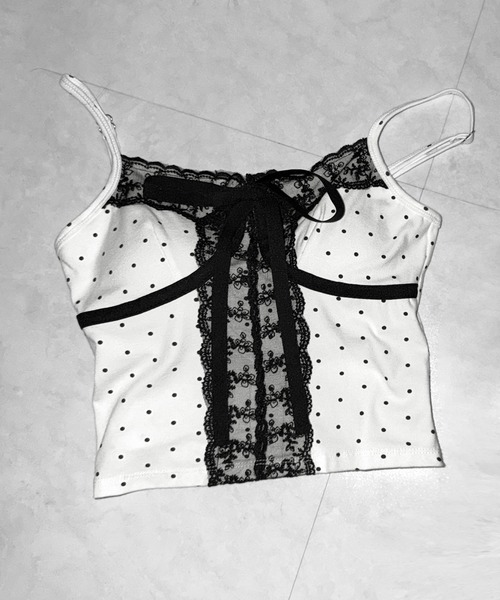 me+em select（ミームセレクト）の「【 ２color 】レースドッキングドットリボンキャミソール ／ lace dockimg dot ribbon camisole（キャミソール・レディース・ホワイト/ブラック・FREE）」の5枚目の写真