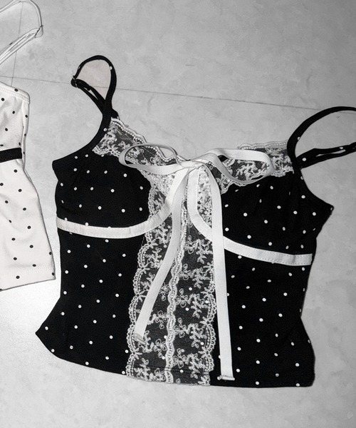 me+em select（ミームセレクト）の「【 ２color 】レースドッキングドットリボンキャミソール ／ lace dockimg dot ribbon camisole（キャミソール・レディース・ホワイト/ブラック・FREE）」の6枚目の写真
