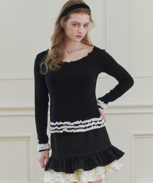 idem（イデム）の「whip frill tops / 配色フリルメロウカットソー（Tシャツ/カットソー・レディース・グレー/ブラック・FREE）」の13枚目の写真